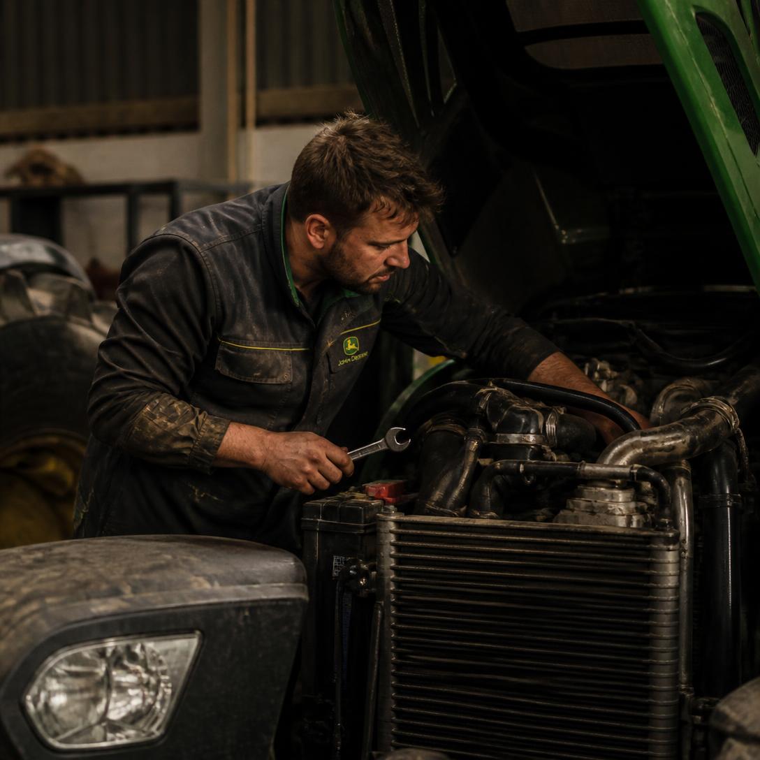 Agricultural technician working on a tractor engine in a farm workshop
