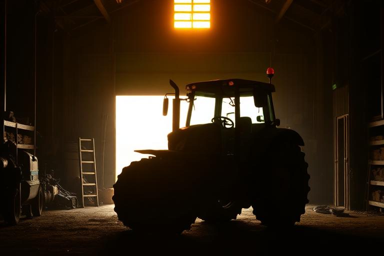 Tractor silhouetted in a farm workshop